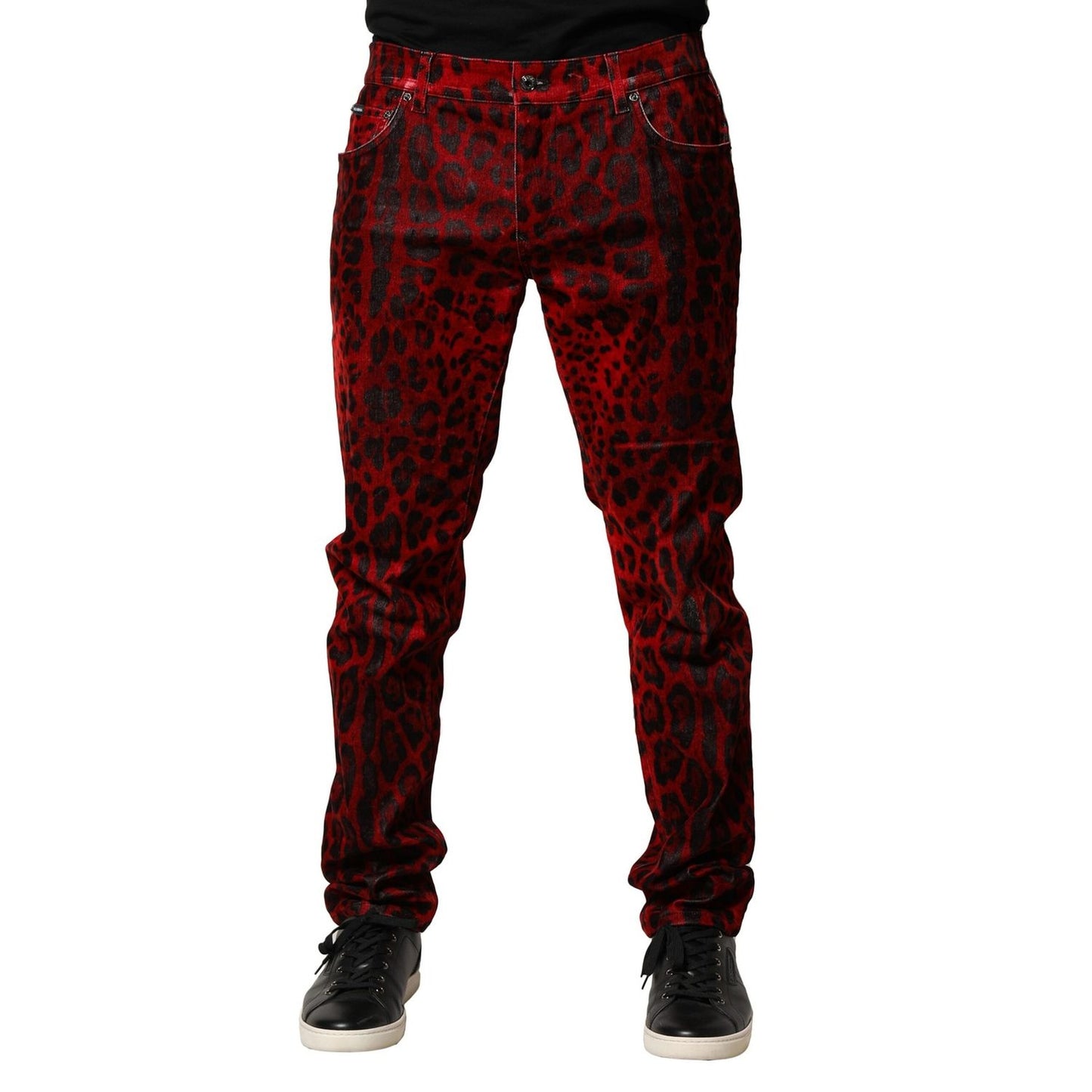 Dolce & Gabbana Red Leopard Print Cotton Skinny Denim Jeans