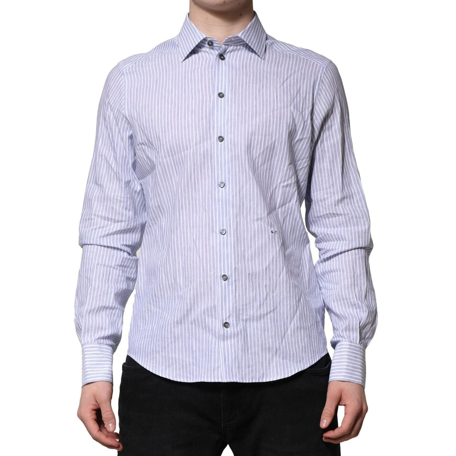 Dolce & Gabbana White Blue Striped Cotton Dress Formal Shirt