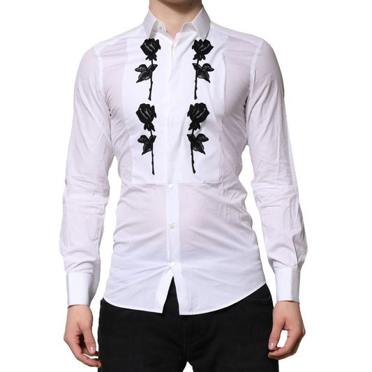 Dolce & Gabbana White Floral Embroidery Men GOLD Formal Shirt TSH906813-38