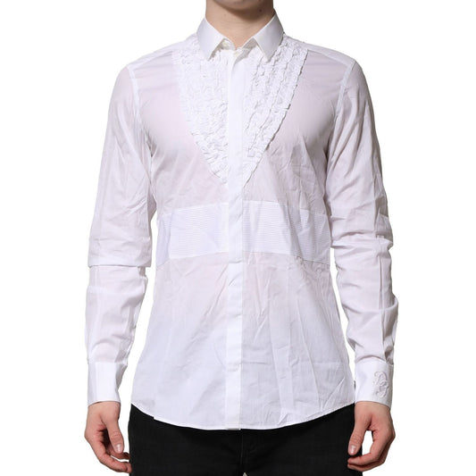 Dolce & Gabbana White Cotton Ruffled Detailing Formal Shirt TSH906823-40