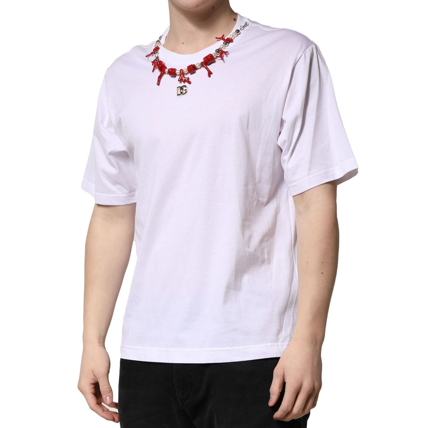 Dolce & Gabbana White Embellished Cotton Crew Neck T-shirt TSH90704-48