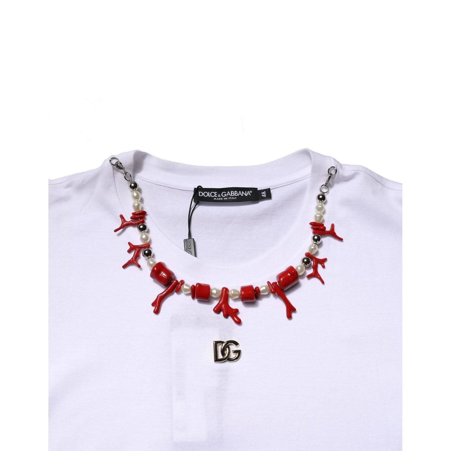 Dolce & Gabbana White Embellished Cotton Crew Neck T-shirt TSH90704-48