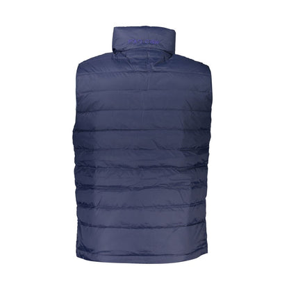 Back view of La Martina Blue Polyamide Men Jacket, sleeveless stylish design with sleek blue color and embroidery detail.