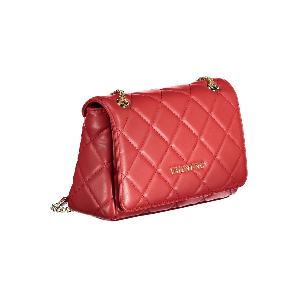 Mario Valentino Red Polyethylene Handbag with chain shoulder handles, logo, contrasting details, and zip closure.