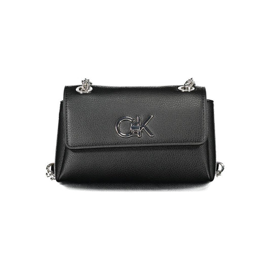 Calvin Klein Black Polyethylene Women Handbag with twin chain handles and elegant swivel closure for urban sophistication.