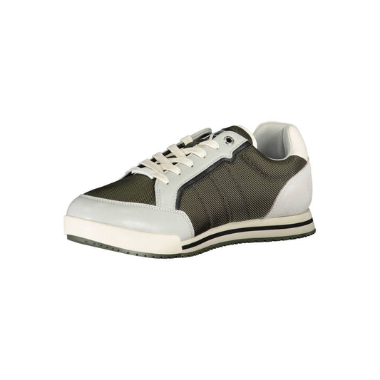 Calvin Klein Green Polyester Men Sneaker with white and grey details, stylish design, and iconic logo, perfect for modern fashion-forward men.