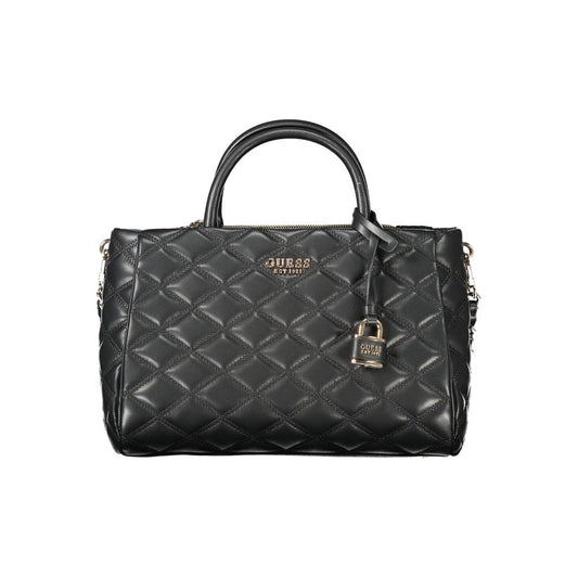 Guess Jeans Black Polyethylene Women Handbag with quilted design and padlock detail.