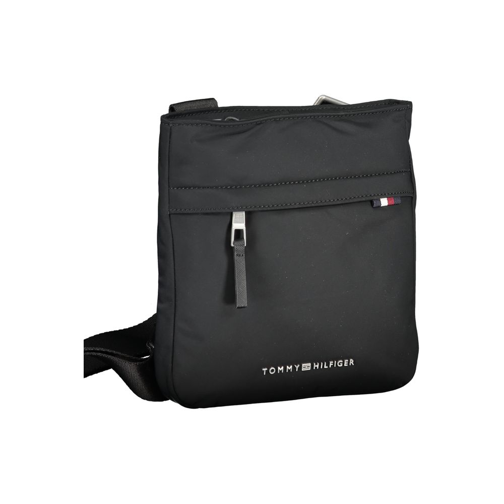Tommy Hilfiger Black Polyester Shoulder Bag with adjustable strap, zip closure, logo detail, and recycled material.