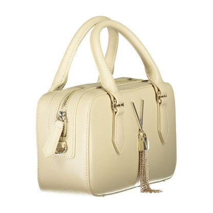 Mario Valentino Beige Polyethylene Women Handbag with twin handles and adjustable strap, featuring elegant details and structured design.