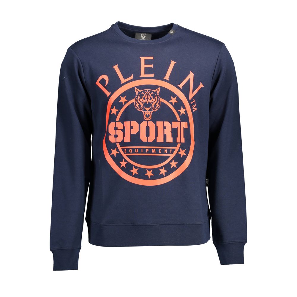 Plein Sport Blue Cotton Men Sweater with bold graphic print and logo, perfect for elevating your sportswear collection.