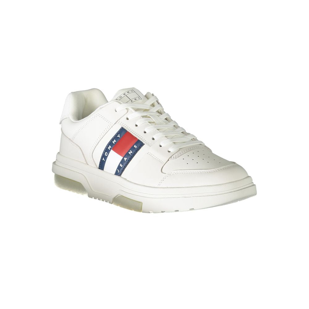 Tommy Hilfiger White Leather Men Sneaker with iconic logo, sporty design, and chic white palette with contrasting details.