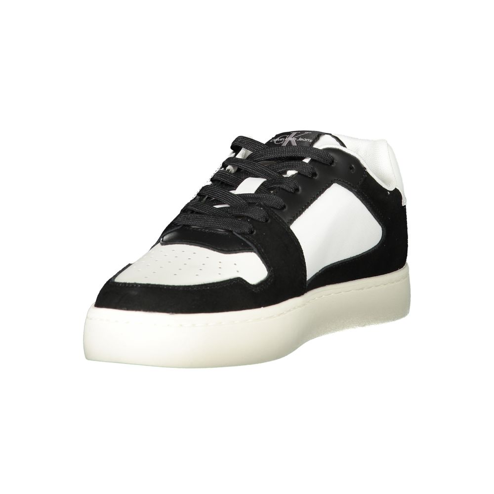 Calvin Klein White Leather Men Sneaker with eco-friendly sole and bold black accents, side view showcasing style and comfort.
