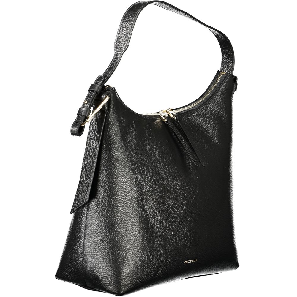Alt Tag: Coccinelle Black Leather Women Handbag with adjustable strap and zip closure, showcasing Italian craftsmanship in sleek design.
