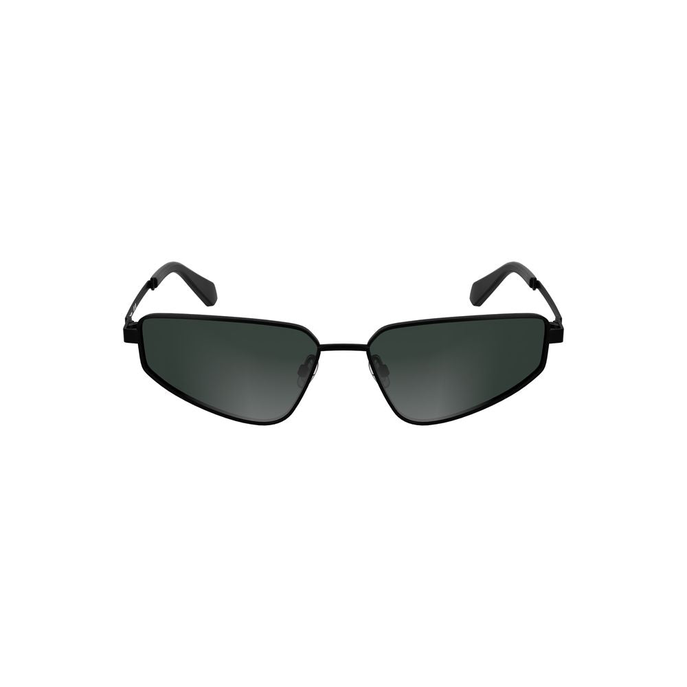 Calvin Klein Black Metal Women Sunglass with rectangular smoke lenses and bold metal frame for trendsetters.