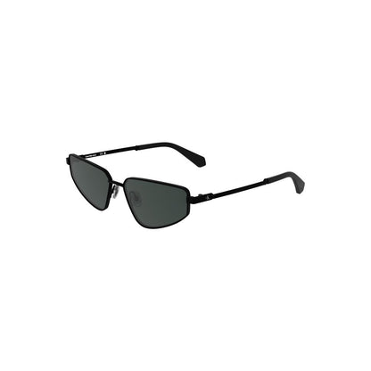 Sleek Calvin Klein Black Metal Women Sunglass with rectangular smoke lenses and bold frames, perfect for trendsetters.