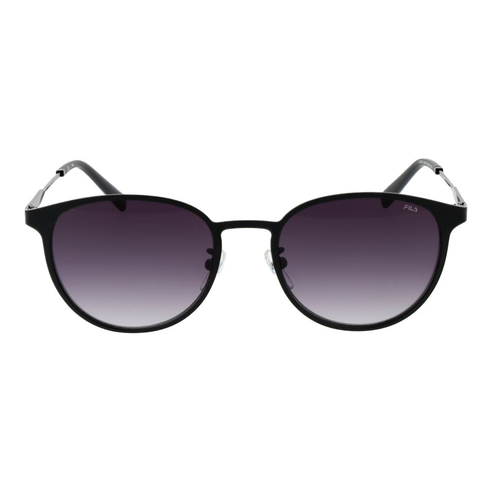Fila Black Men Sunglass with black stainless steel frame, grey mirrored gradient lenses, and full-rim Panto style, size 52-19-140.