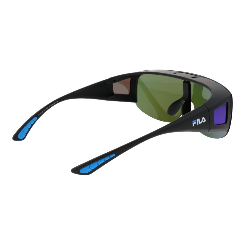 Fila Black Men Sunglass with polarized mirrored lenses, black plastic full-rim frame, and branded case included.