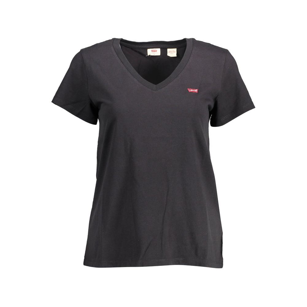 Levi's Black Cotton Women T-Shirt, V-neck, short sleeve, 100% organic cotton, chic sustainable fashion with logo.