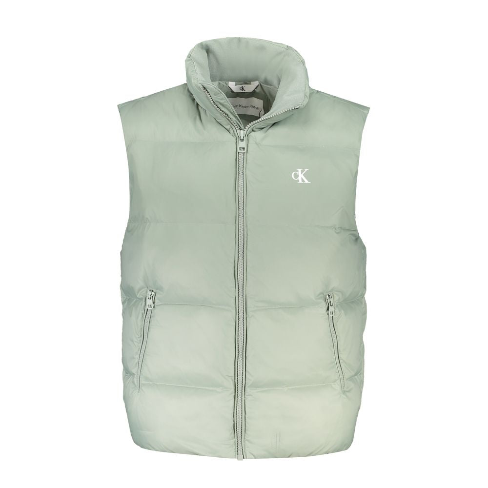 Calvin Klein Green Polyamide Men Jacket, sleeveless, featuring zip closure with external pockets, made of recycled polyester for sustainability.