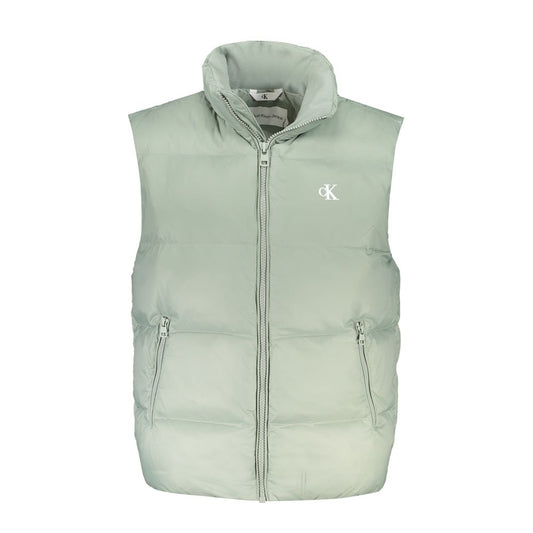Calvin Klein Green Polyamide Men Jacket, sleeveless, featuring zip closure with external pockets, made of recycled polyester for sustainability.