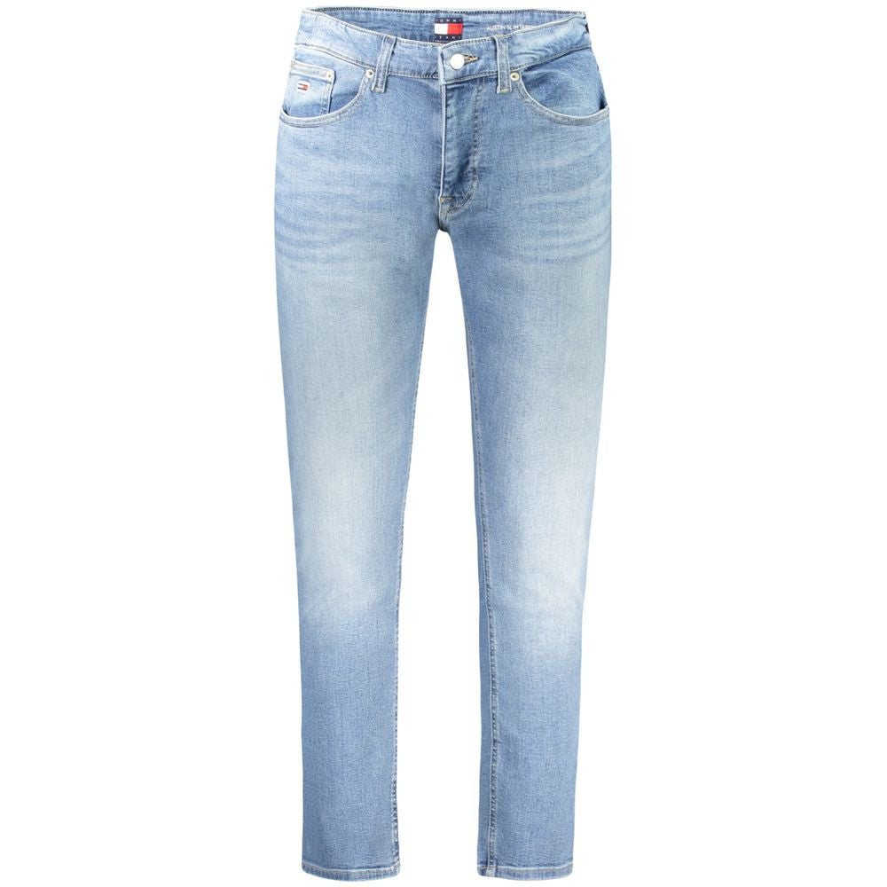 Tommy Hilfiger Blue Cotton Men Jeans with modern slim-tapered fit and washed effect, made from 50% regenerative cotton.