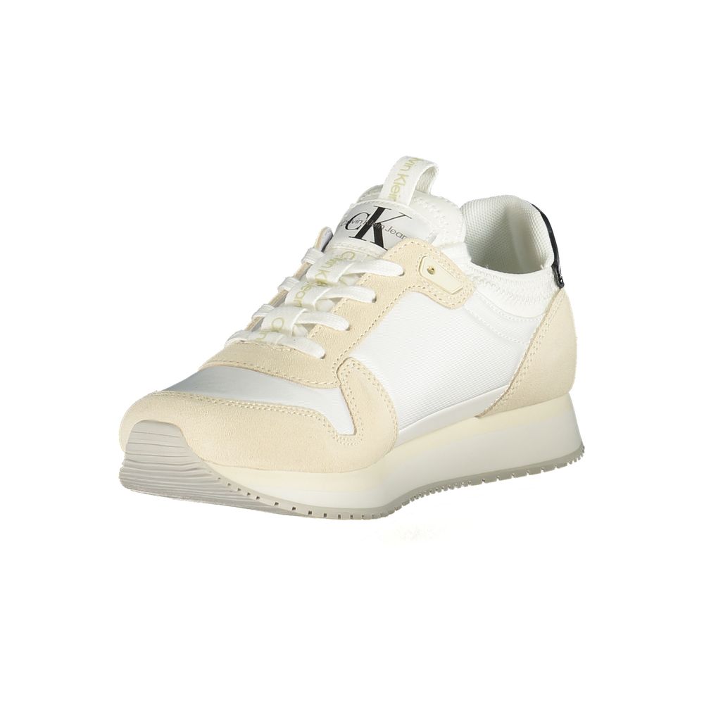 Calvin Klein White Polyester Women Sneaker with logo, sustainable design, removable footbed for comfort and style.