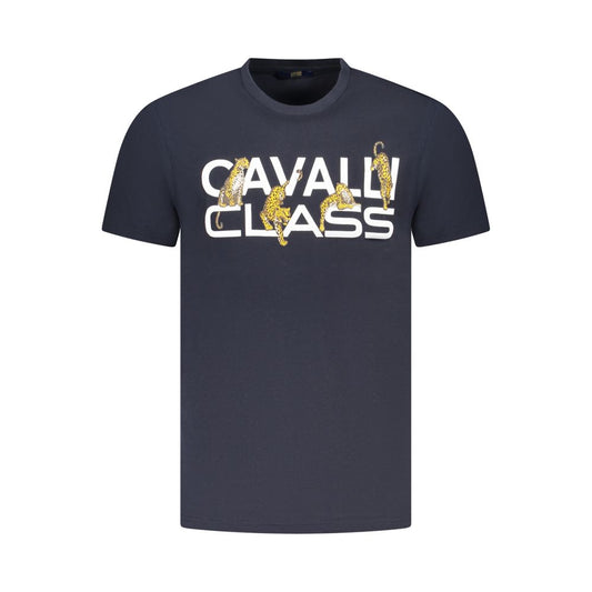 Cavalli Class Blue Cotton Men T-Shirt featuring bold print and logo, high-fashion short sleeve crew neck design.