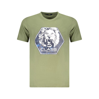 Cavalli Class Green Cotton Men T-Shirt with lion print and logo, short-sleeve crew neck
