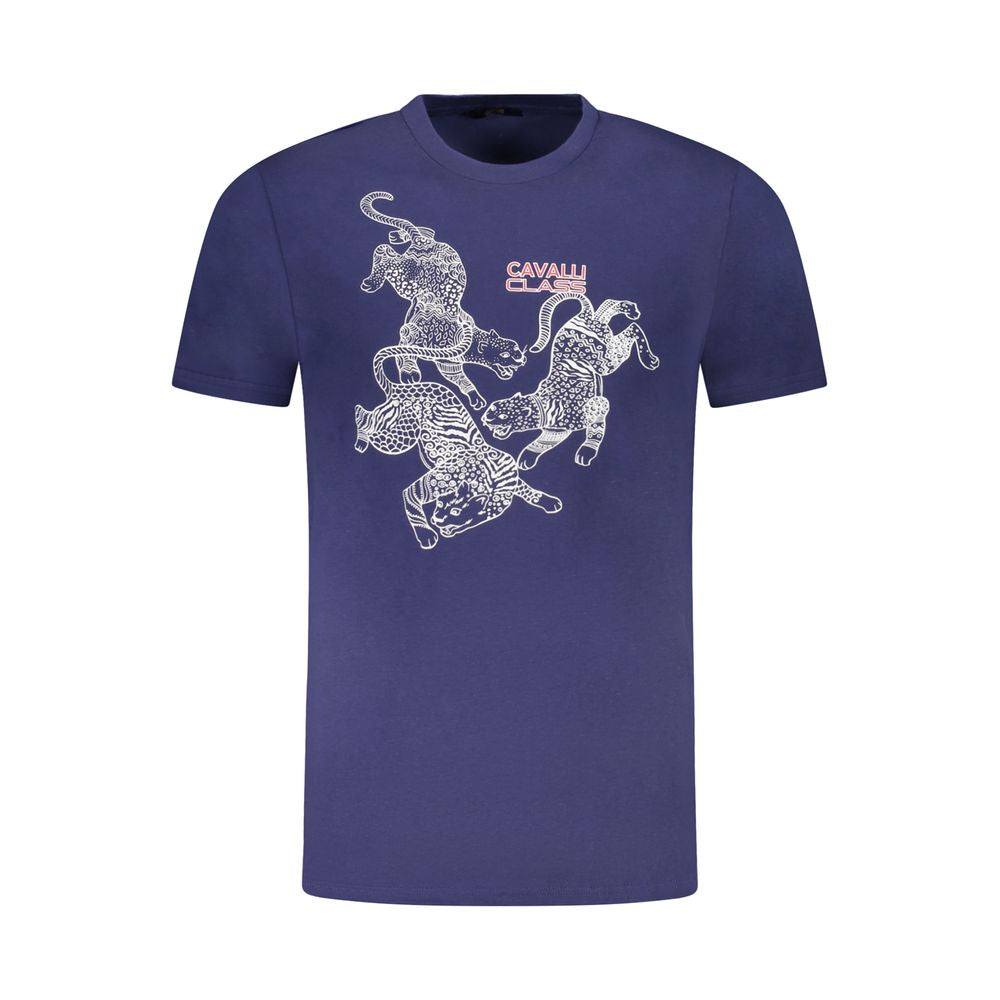 Cavalli Class Blue Cotton Men T-Shirt with bold print and Cavalli Class logo, showcasing high-end fashion in a stylish short-sleeve design.