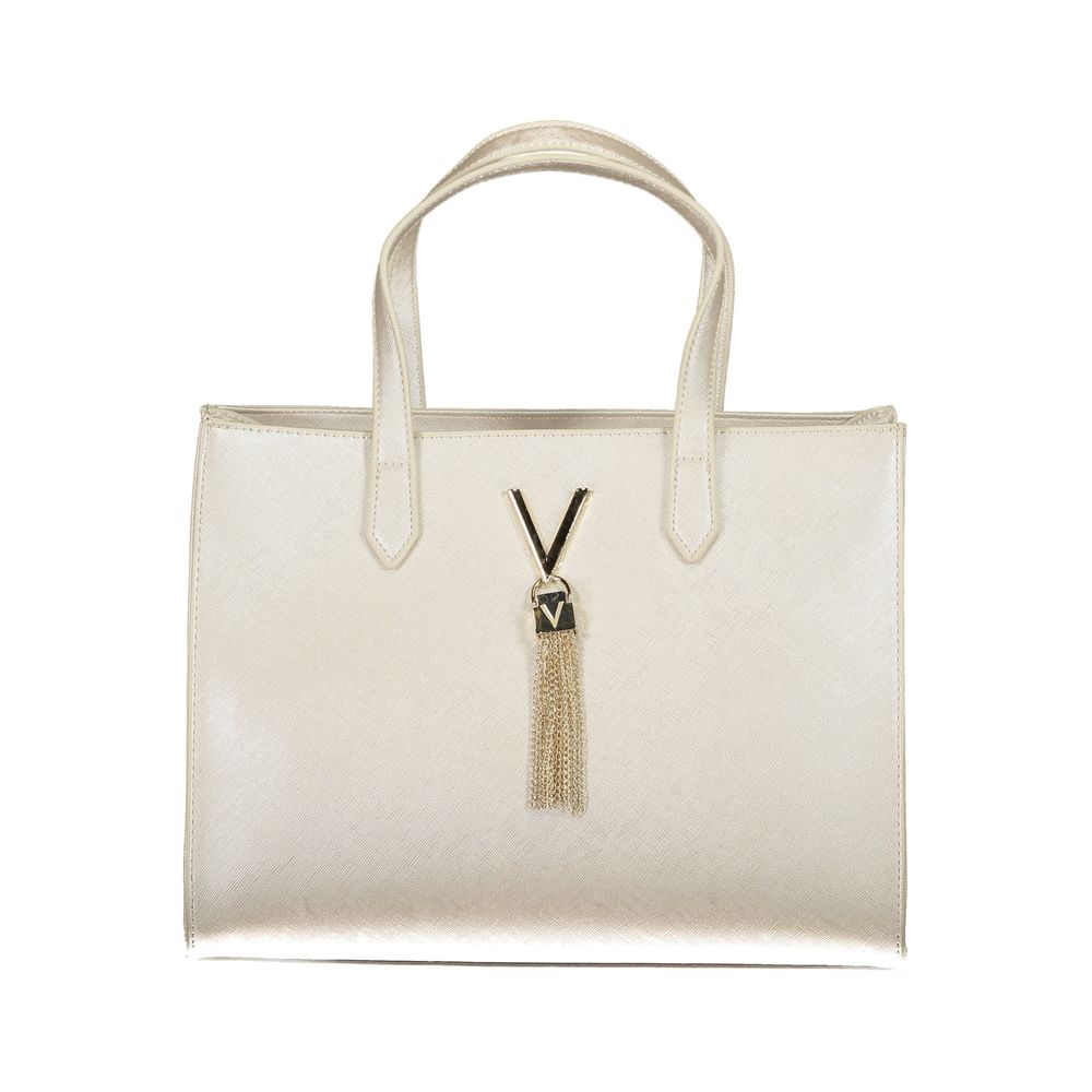 Mario Valentino Gray Polyethylene Women Handbag with tasseled V logo, featuring double handles and sleek design for versatile fashion.