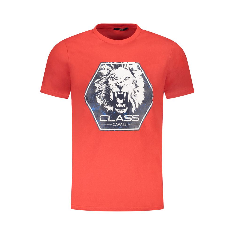 Cavalli Class Red Cotton Men T-Shirt with bold lion logo print, made from premium cotton for modern sophistication and comfort.