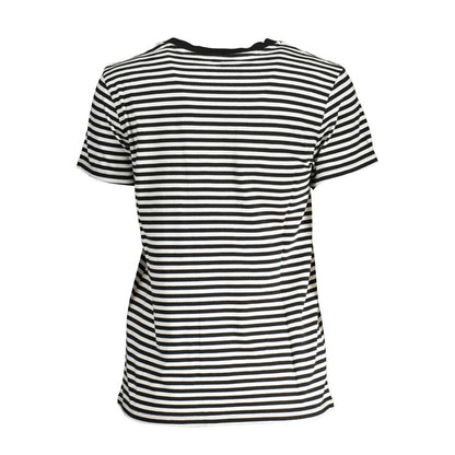 Black and white striped t-shirt, rear view of women's casual tee for everyday wear.