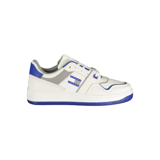 Tommy Hilfiger White Polyethylene Men Sneaker in white with blue accents and logo, side view.