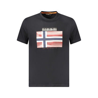 Napapijri Black Cotton Men T-Shirt with bold logo and flag design on front, made from 100% organic cotton, short sleeve crew neck.