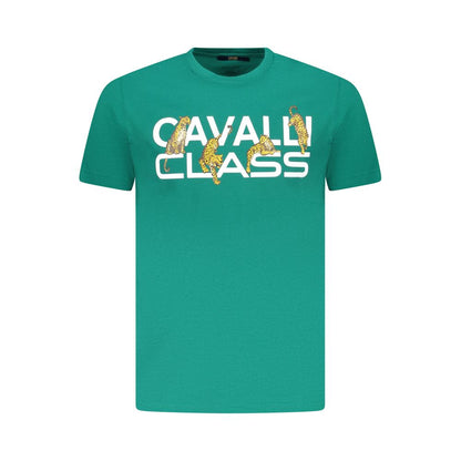 Cavalli Class Green Cotton Men T-Shirt with distinctive print and logo, features vibrant color and luxurious comfort.