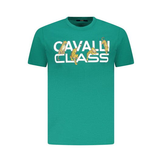 Cavalli Class Green Cotton Men T-Shirt with distinctive print and logo, features vibrant color and luxurious comfort.