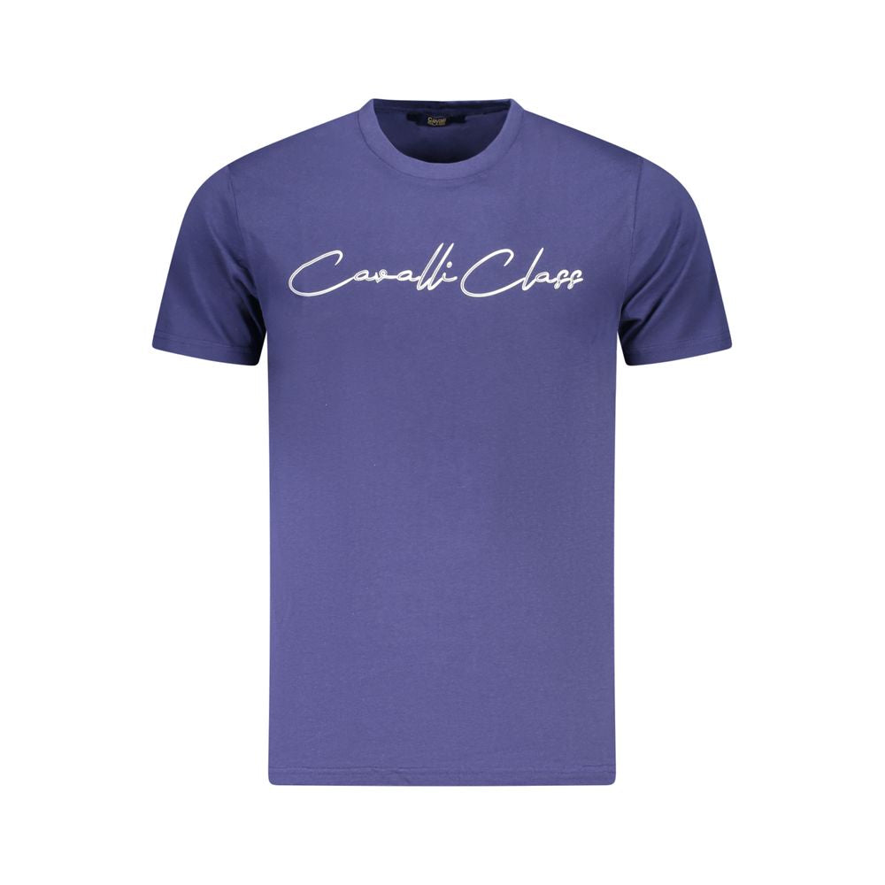 Cavalli Class Blue Cotton Men T-Shirt with bold logo print, short-sleeved statement piece for chic casual fashion.