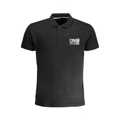 Cavalli Class Black Cotton Polo Shirt with short sleeves, button detail, and logo print