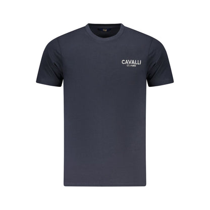 Cavalli Class Blue Cotton Men T-Shirt featuring logo, short sleeves, and bold design.
