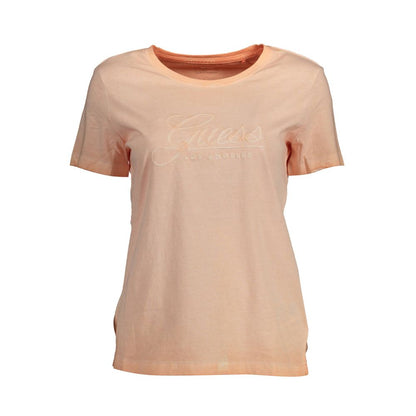Guess Jeans Pink Cotton Women T-Shirt with embroidery on the front, wide neckline, perfect for casual or trendy occasions.