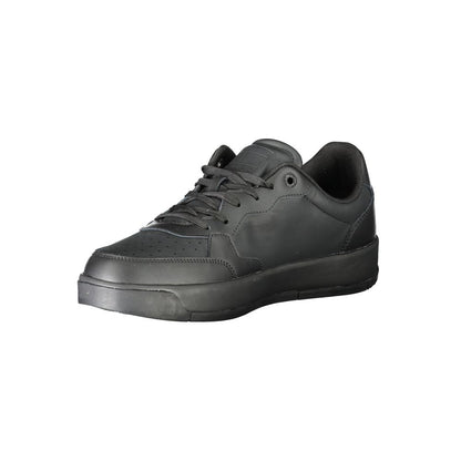 Tommy Hilfiger Black Polyethylene Men Sneaker, sleek all-black design, sport lace-up style.