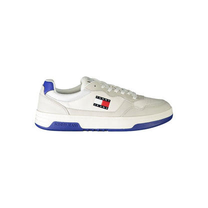 Tommy Hilfiger White Leather Men Sneaker with blue accents and logo detail, showcasing stylish design and comfort for trendsetters.