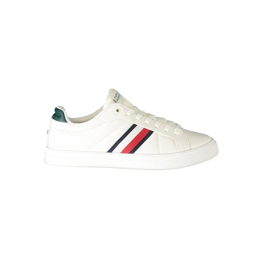 Tommy Hilfiger White Leather Men Sneaker with contrasting green accents and logo, blending comfort and style for modern trendsetters.