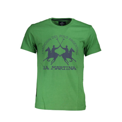 La Martina Green Cotton Men T-Shirt with signature print and logo, perfect for stylish and modern gentlemen. Short sleeve and crew neck.