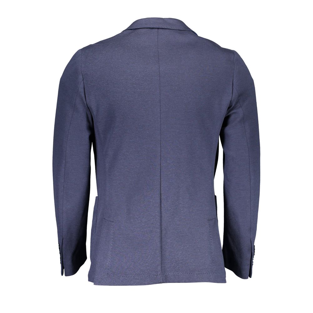 Back view of Gant Blue Cotton Men Jacket with long sleeves and classic single-breasted design, featuring elegant style and iconic logo.