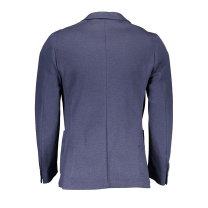 Back view of Gant Blue Cotton Men Jacket with long sleeves and classic single-breasted design, featuring elegant style and iconic logo.
