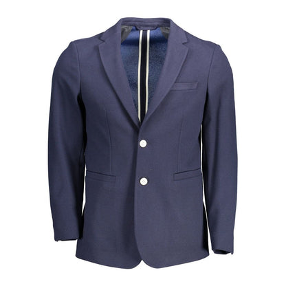 Gant Blue Cotton Men Jacket with 2-button closure, long sleeves, and multiple pockets, perfect blend of modern style and practicality.