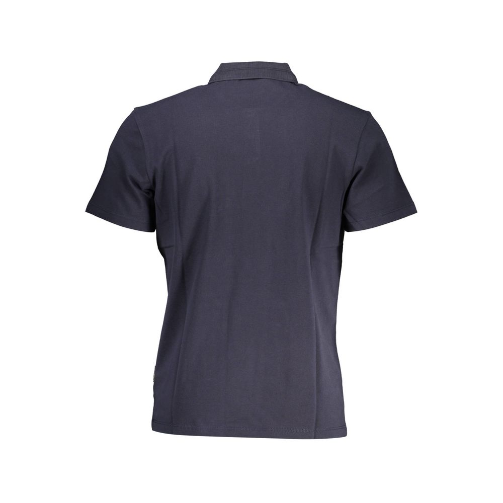 Back view of Napapijri Blue Cotton Men Polo Shirt, showcasing short sleeves and classic fit made from premium cotton.
