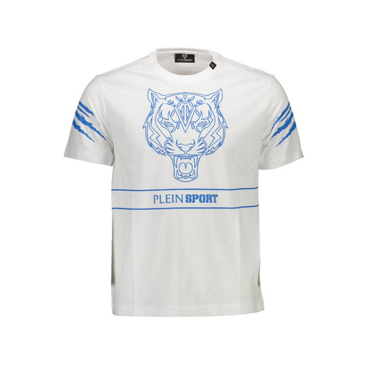 Plein Sport White Cotton Men T-Shirt with blue tiger logo and stripes, showcasing elegant athletic fashion for trendsetters.
