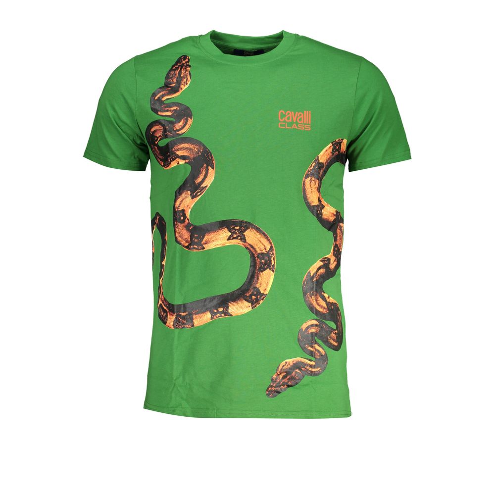 Cavalli Class Green Cotton T-Shirt with short sleeves, crew neck, snake print, and logo design.
